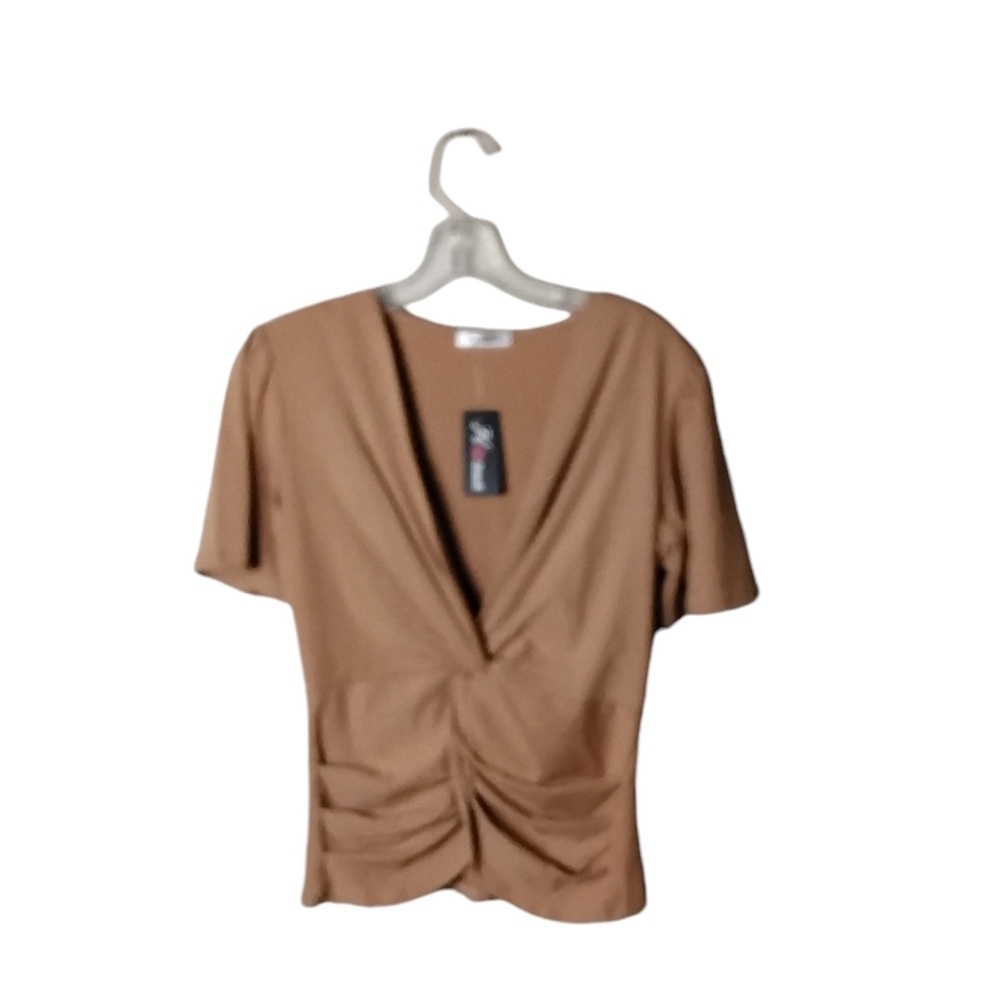 Hotouch Women's Tan Stretch Wrap Ruched Short Sleeve Top Size M